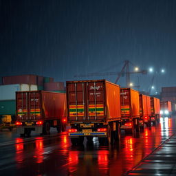 A back view of a line of Indian trucks with long containers at a port during a stormy and rainy dark night