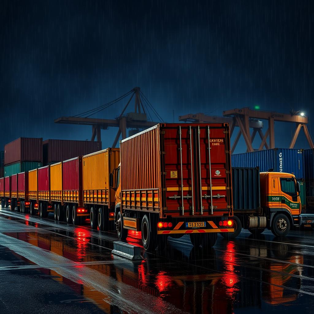 A back view of a line of Indian trucks with long containers at a port during a stormy and rainy dark night