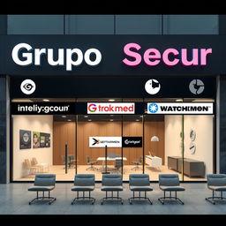 Design a commercial office and facade for a business group called Grupo Secur, incorporating the brands Intelligygroup, Brokmed, and Watchmen