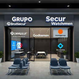 Design a commercial office and facade for a business group called Grupo Secur, incorporating the brands Intelligygroup, Brokmed, and Watchmen