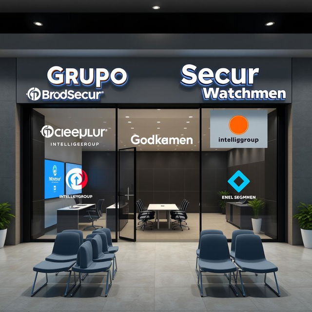 Design a commercial office and facade for a business group called Grupo Secur, incorporating the brands Intelligygroup, Brokmed, and Watchmen