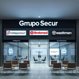 Design a commercial office and facade for a business group called Grupo Secur, incorporating the brands Intelligygroup, Brokmed, and Watchmen