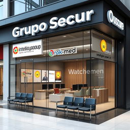 Design a commercial office and facade for a business group called Grupo Secur, incorporating the brands Intelligygroup, Brokmed, and Watchmen