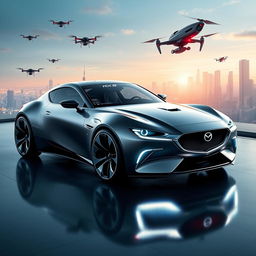 Futuristic Mazda RX-8 concept for the year 2030, sleek aerodynamic design with sharp angles and smooth curves, advanced LED lighting system, holographic display on the dashboard, wireless charging pads throughout the interior, solar panel roof, eco-friendly futuristic materials, cityscape background of a smart city with flying drones and autonomous vehicles