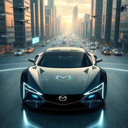 Futuristic Mazda RX-8 concept for the year 2030, sleek aerodynamic design with sharp angles and smooth curves, advanced LED lighting system, holographic display on the dashboard, wireless charging pads throughout the interior, solar panel roof, eco-friendly futuristic materials, cityscape background of a smart city with flying drones and autonomous vehicles