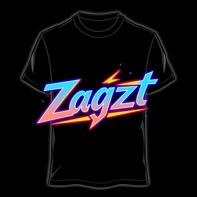 A trendy t-shirt design featuring the word 'Zagzt' in a dynamic, modern font with a glowing effect