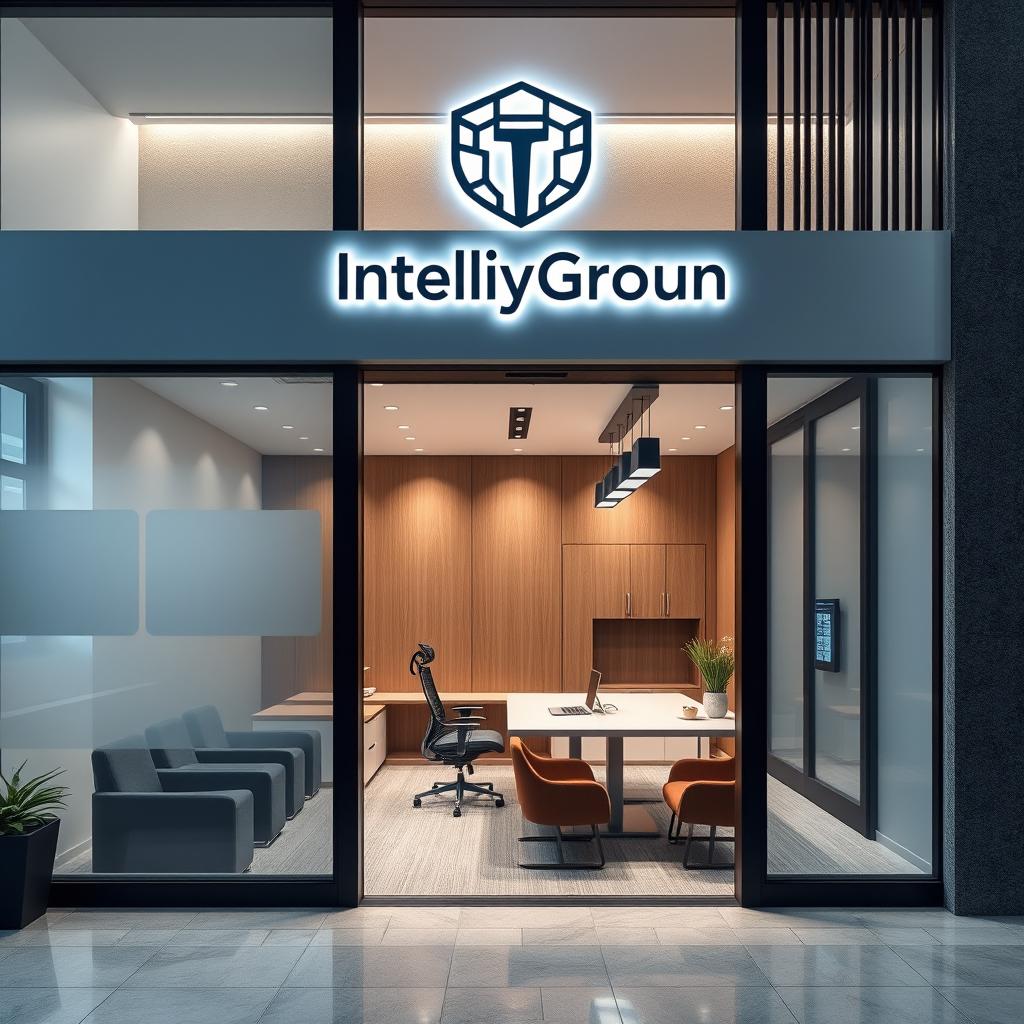 Commercial office design for an intelligence agency named IntelligyGroup, featuring both interior and exterior elements