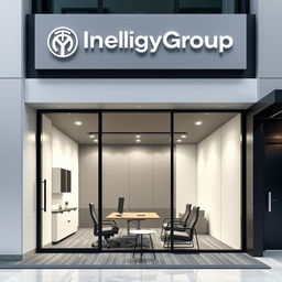 Commercial office design for an intelligence agency named IntelligyGroup, featuring both interior and exterior elements