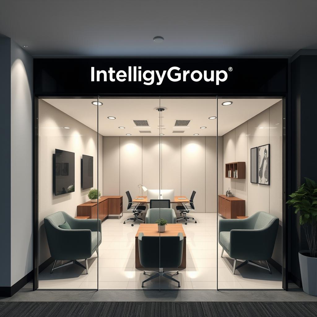 Commercial office design for an intelligence agency named IntelligyGroup, featuring both interior and exterior elements