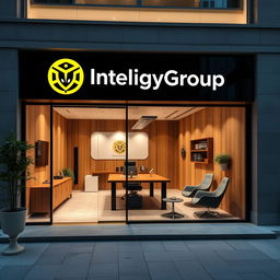 Commercial office design for an intelligence agency named IntelligyGroup, featuring both interior and exterior elements