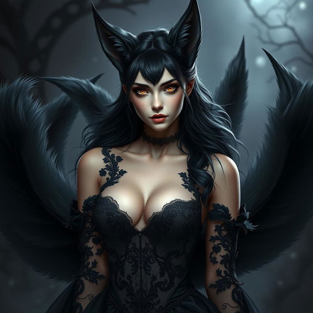 A seductive daemon black fox girl with a mesmerizing presence