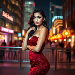 A captivating and confident woman in a sexy dress, posing gracefully in a stylish urban setting