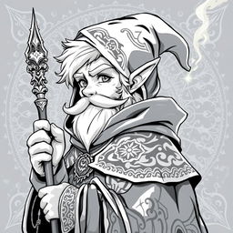 Anime style greyscale illustration of a male gnome warlock portrayed from the shoulders up