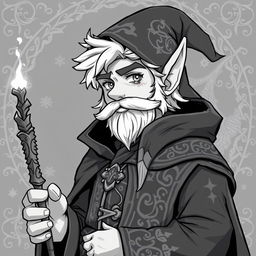 Anime style greyscale illustration of a male gnome warlock portrayed from the shoulders up