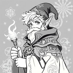 Anime style greyscale illustration of a male gnome warlock portrayed from the shoulders up