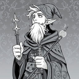 Anime style greyscale illustration of a male gnome warlock portrayed from the shoulders up