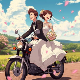 A beautifully stylized anime scene featuring a bride and groom joyfully riding on a vintage motorcycle