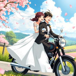 A beautifully stylized anime scene featuring a bride and groom joyfully riding on a vintage motorcycle