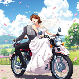 A beautifully stylized anime scene featuring a bride and groom joyfully riding on a vintage motorcycle