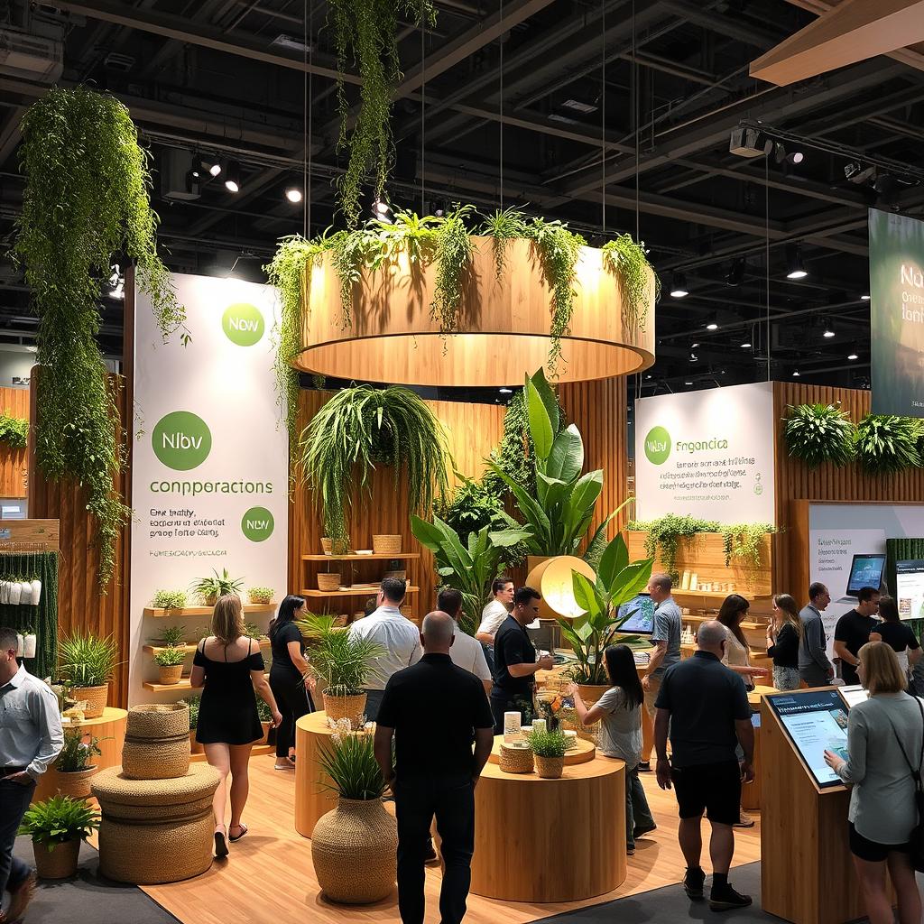 A beautiful and inviting organic and natural trade show booth, featuring a variety of green plants and eco-friendly wooden materials