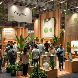 A beautiful and inviting organic and natural trade show booth, featuring a variety of green plants and eco-friendly wooden materials