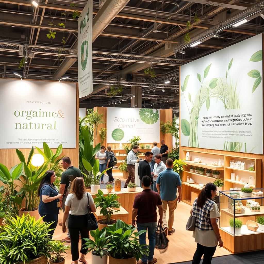 A beautiful and inviting organic and natural trade show booth, featuring a variety of green plants and eco-friendly wooden materials