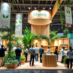 A beautiful and inviting organic and natural trade show booth, featuring a variety of green plants and eco-friendly wooden materials