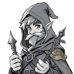 Anime style greyscale illustration of a male gnome warlock from the shoulders up, showcasing his mystical presence