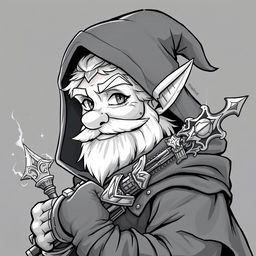 Anime style greyscale illustration of a male gnome warlock from the shoulders up, showcasing his mystical presence