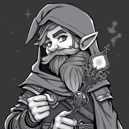 Anime style greyscale illustration of a male gnome warlock from the shoulders up, showcasing his mystical presence