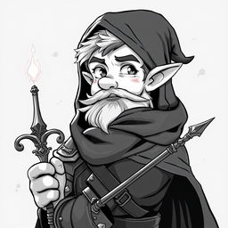 Anime style greyscale illustration of a male gnome warlock from the shoulders up, showcasing his mystical presence