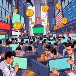 A dynamic illustration of Wall Street bustling with activity as the market reopens