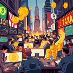 A dynamic illustration of Wall Street bustling with activity as the market reopens