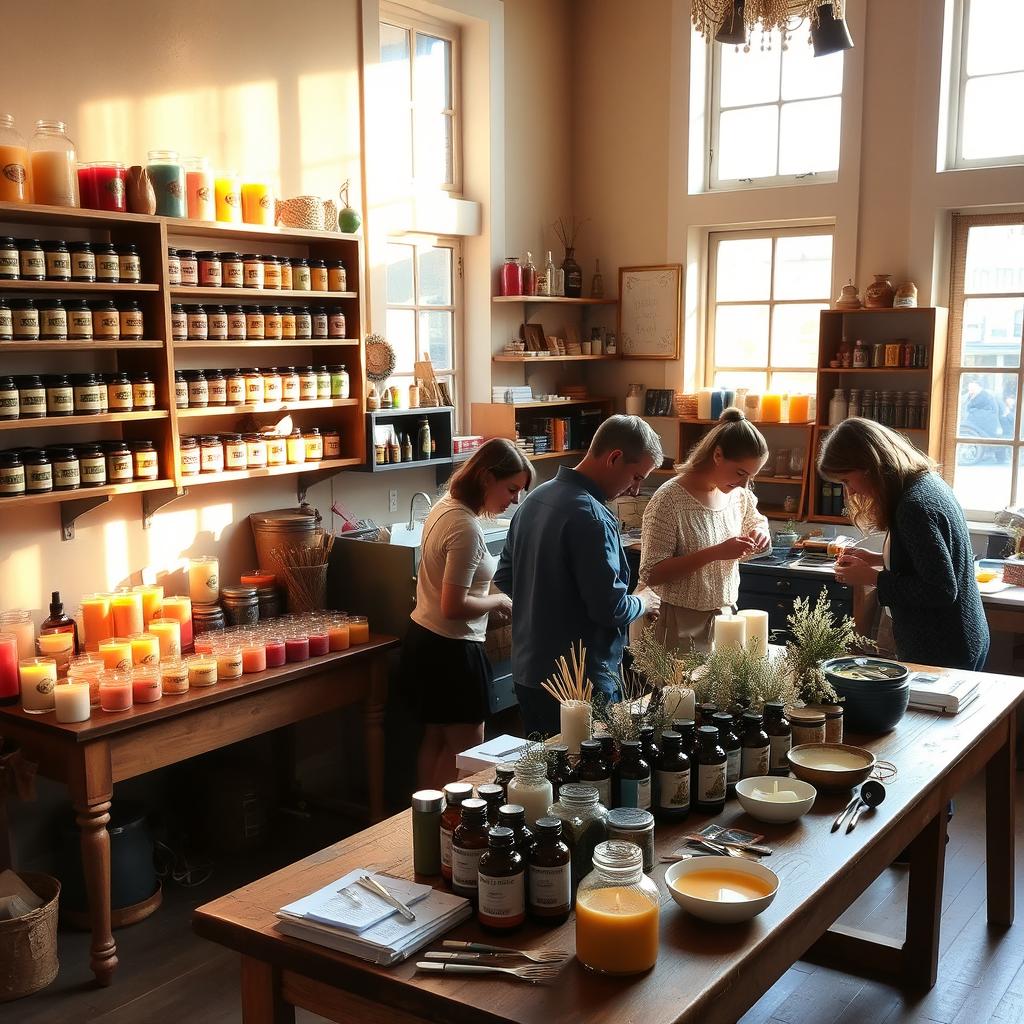 A cozy and inviting candle making workshop, filled with vibrant colors and a variety of aromatic materials