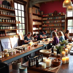 A cozy and inviting candle making workshop, filled with vibrant colors and a variety of aromatic materials