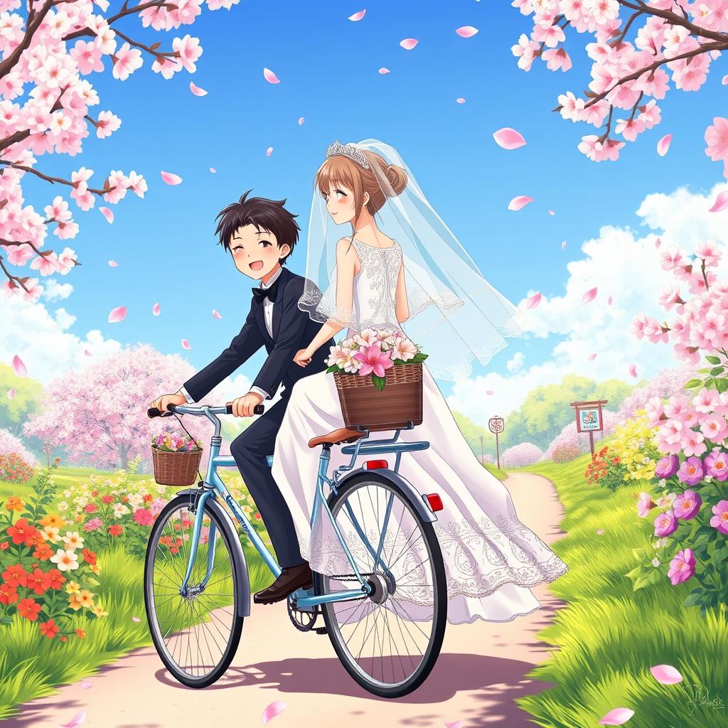 A charming anime scene depicting a bride and groom enjoying a ride on a classic bicycle