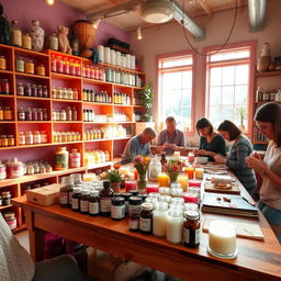 A cozy and inviting candle making workshop, filled with vibrant colors and a variety of aromatic materials