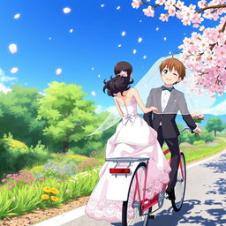 A charming anime scene depicting a bride and groom enjoying a ride on a classic bicycle