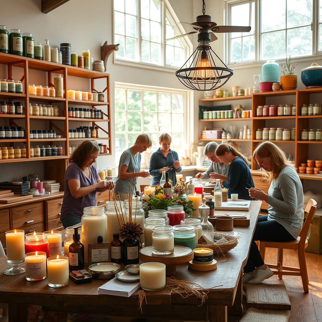 A cozy and inviting candle making workshop, filled with vibrant colors and a variety of aromatic materials