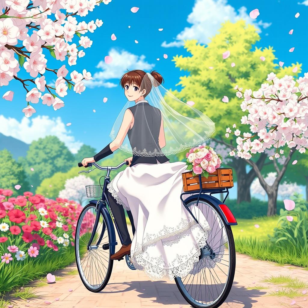 A charming anime scene depicting a bride and groom enjoying a ride on a classic bicycle