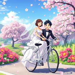 A charming anime scene depicting a bride and groom enjoying a ride on a classic bicycle