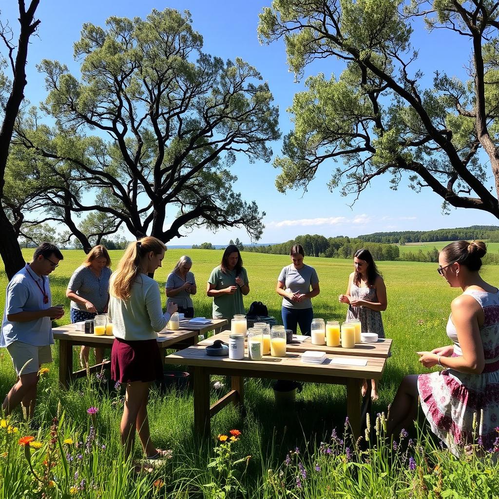 A group of people participating in an aromatic candle-making workshop set in an open-air environment