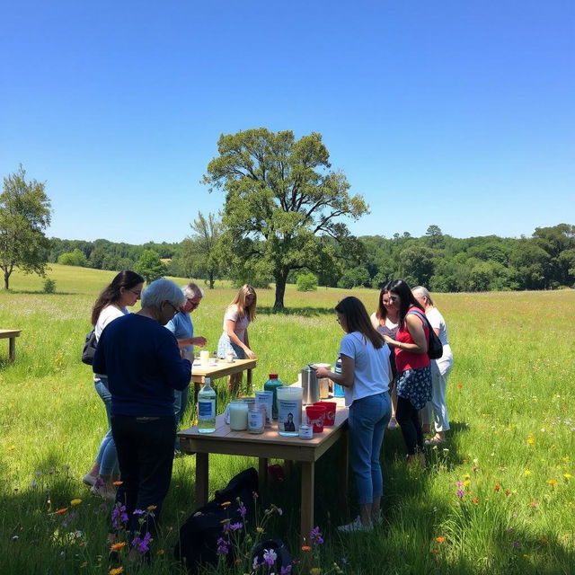 A group of people participating in an aromatic candle-making workshop set in an open-air environment