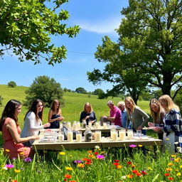 A group of people participating in an aromatic candle-making workshop set in an open-air environment