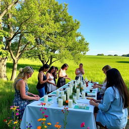 A group of people participating in an aromatic candle-making workshop set in an open-air environment