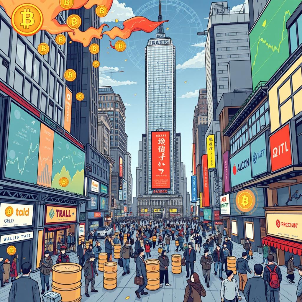 A detailed and dynamic illustration of Wall Street bustling with activity, emphasizing the energy and volatility of the financial markets