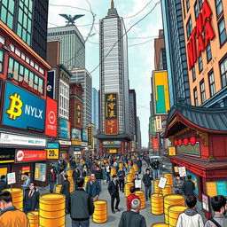 A detailed and dynamic illustration of Wall Street bustling with activity, emphasizing the energy and volatility of the financial markets