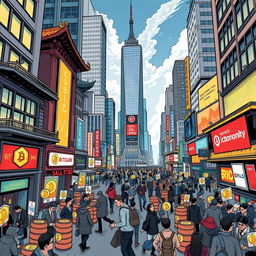 A detailed and dynamic illustration of Wall Street bustling with activity, emphasizing the energy and volatility of the financial markets