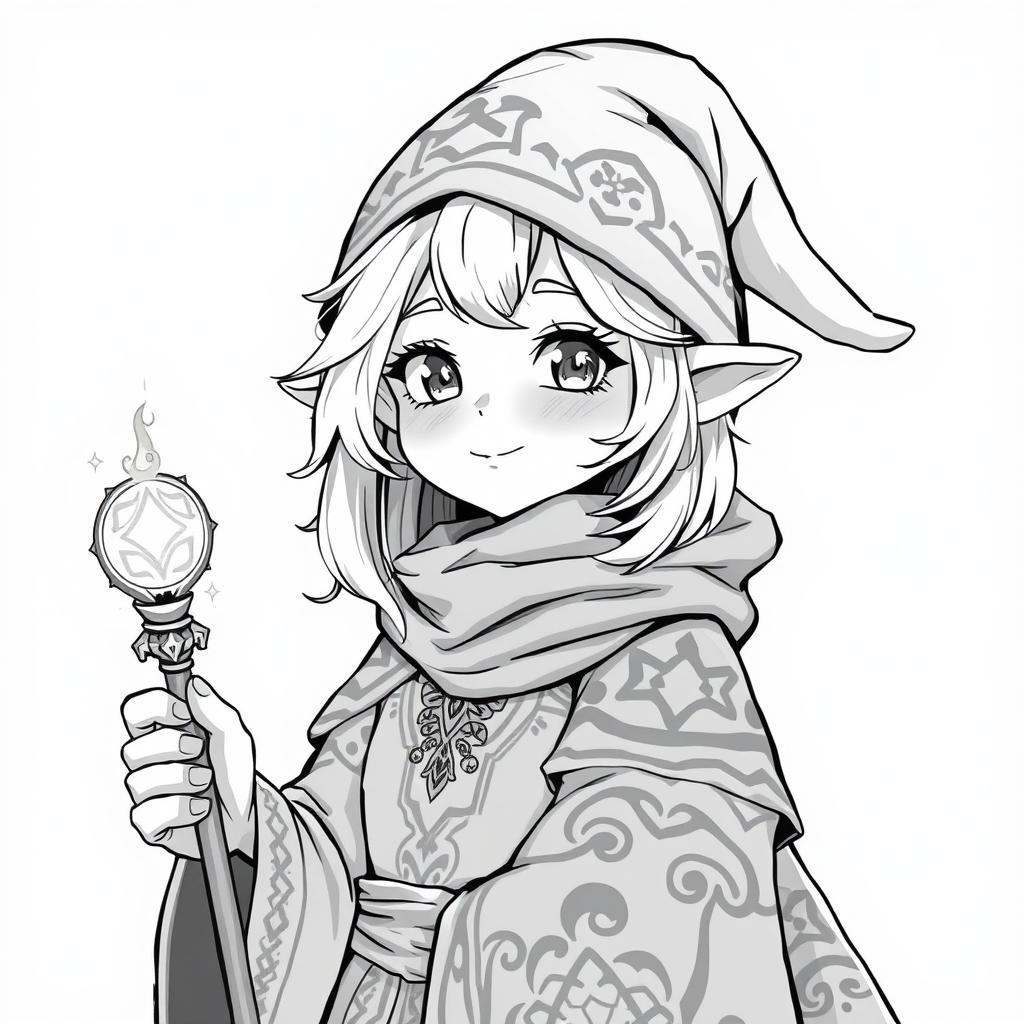 Anime style greyscale illustration of a female gnome warlock portrayed from the shoulders up