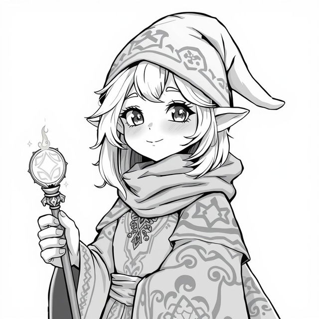 Anime style greyscale illustration of a female gnome warlock portrayed from the shoulders up